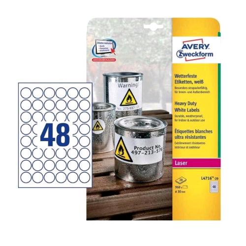 Avery Conf 960 Etichette Adesive In Poliestere Rotonde Diametro 30 Mm Bianco - RMN negozio di elettronica